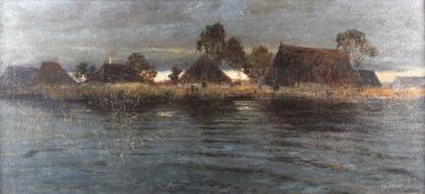 Licht, Hans. 1876 - Berlin - 1935 Dorf am See im Abendlicht. Öl/Lwd., doubliert. Sign. 55,5 x 120,5 