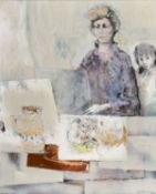Hoffmann, Helmut. 1928 Peiting - Murnau 1998 Mutter mit ihrer Tochter an einem Tisch. Mischtechn./Lw