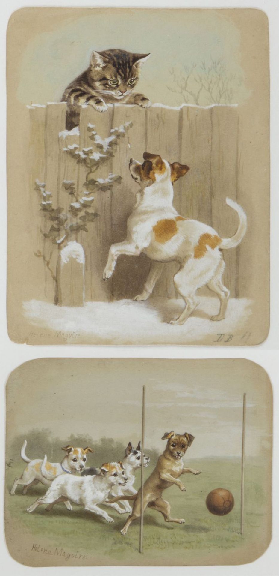 Maguire, Helena J. 1860 - 1909 Spielender Jack Russell mit einer Katze am Zaun. Fußball spielende J