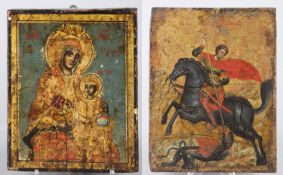 Zwei Ikonen Sankt Georg. Mutter Gottes. 2 Tempera auf Holz. Osteuropa, 19. Jh. Bis 27,5 x 21,5 cm.