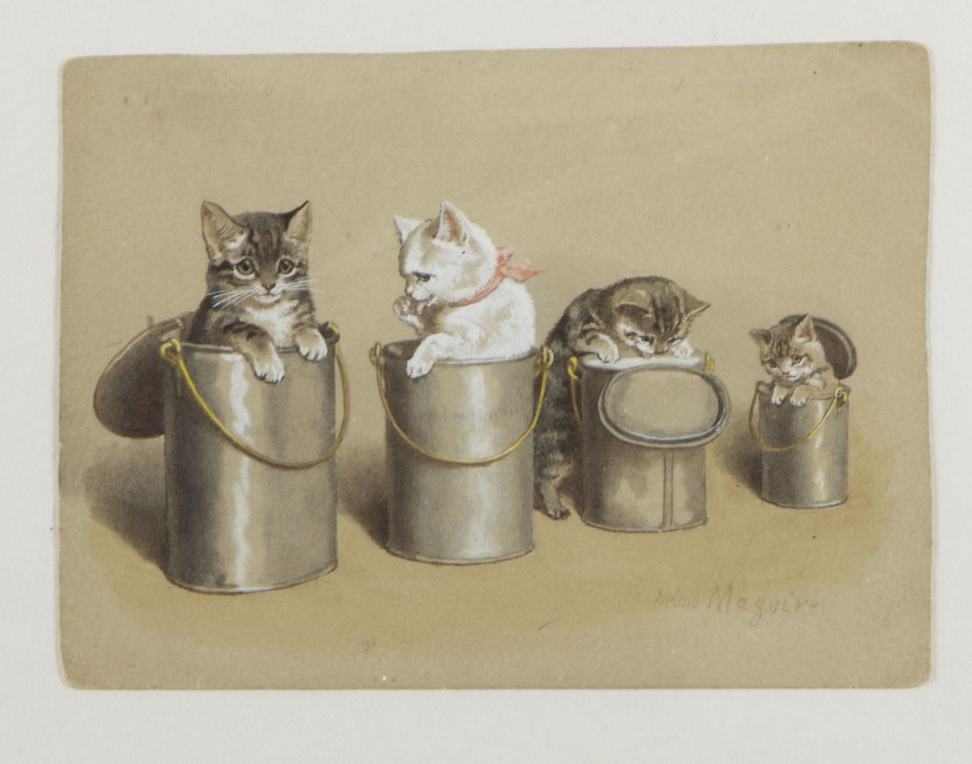 Maguire, Helena J. 1860 - 1909 Spielende Katzen mit Porzellan. Spielende Katzen in Eimern. 2 Gouach - Image 3 of 3