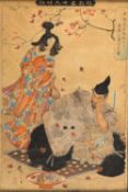 Yoshitoshi Samurai und Frau. Farbholzschnitt. Oban Tate-e. Besch.