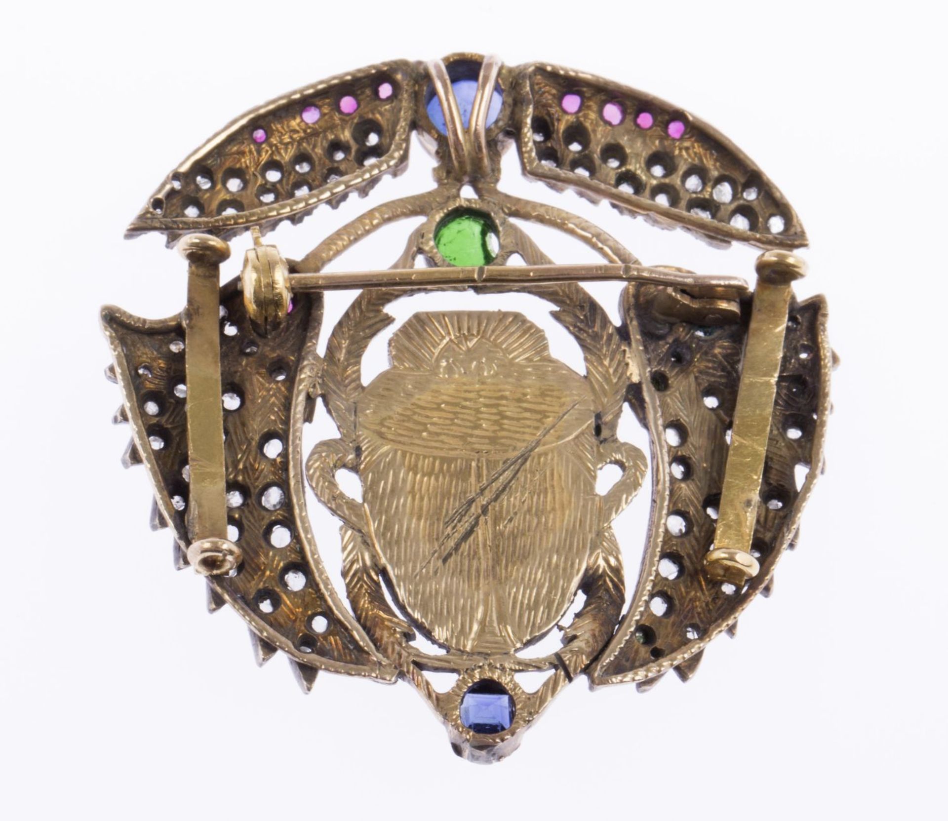 Diamant-Farbstein-Brosche in Käferform Gelbgold 585 (geprüft). Ausgefasst mit versch. Farbsteinen u. - Bild 2 aus 2