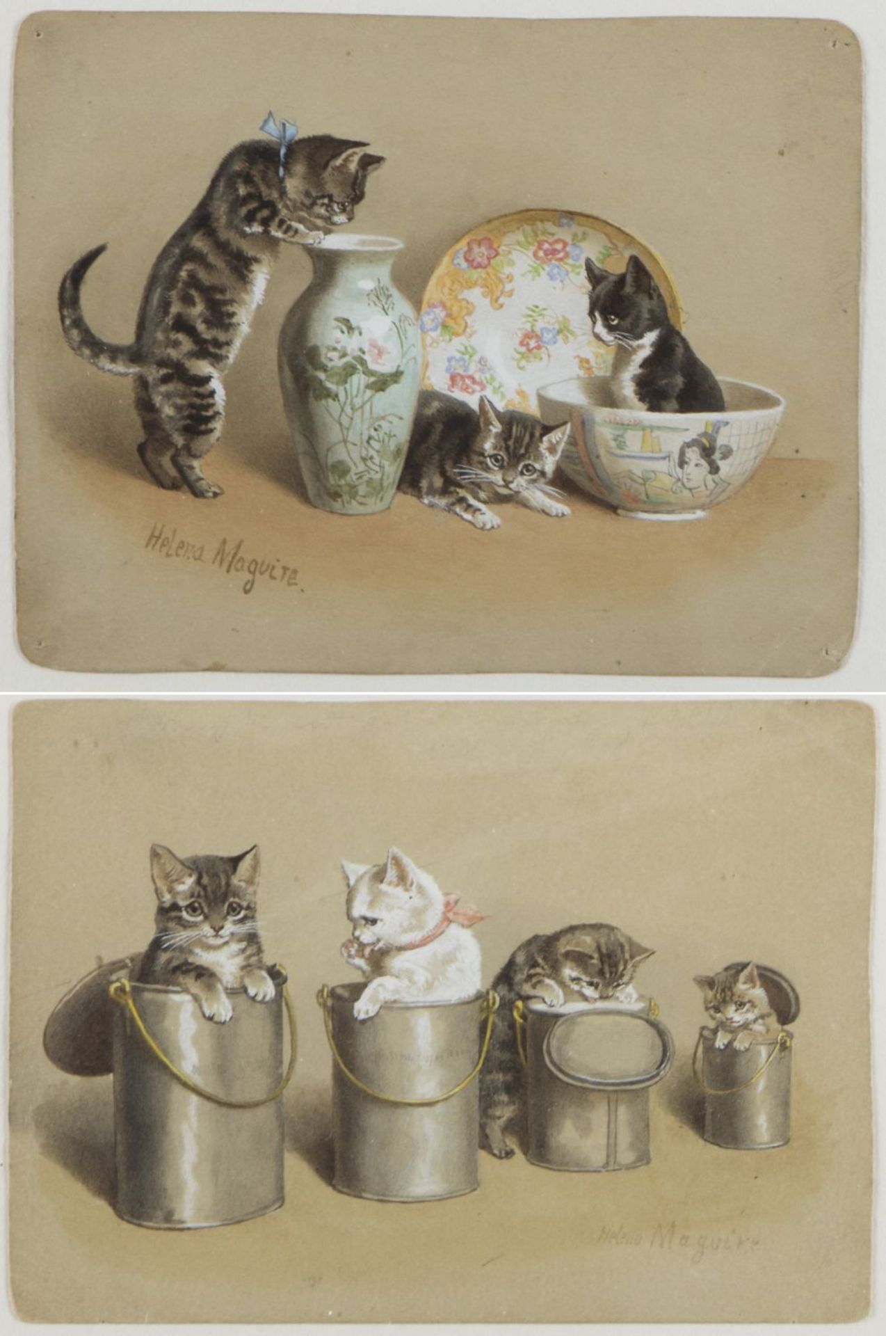 Maguire, Helena J. 1860 - 1909 Spielende Katzen mit Porzellan. Spielende Katzen in Eimern. 2 Gouach
