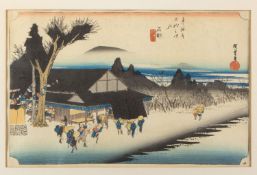 Hiroshige, Utagawa Nr. 52 Ishibe: Das Dorf von Megawa von den 53 Stationen des Tokaido. 1833. Kol. H
