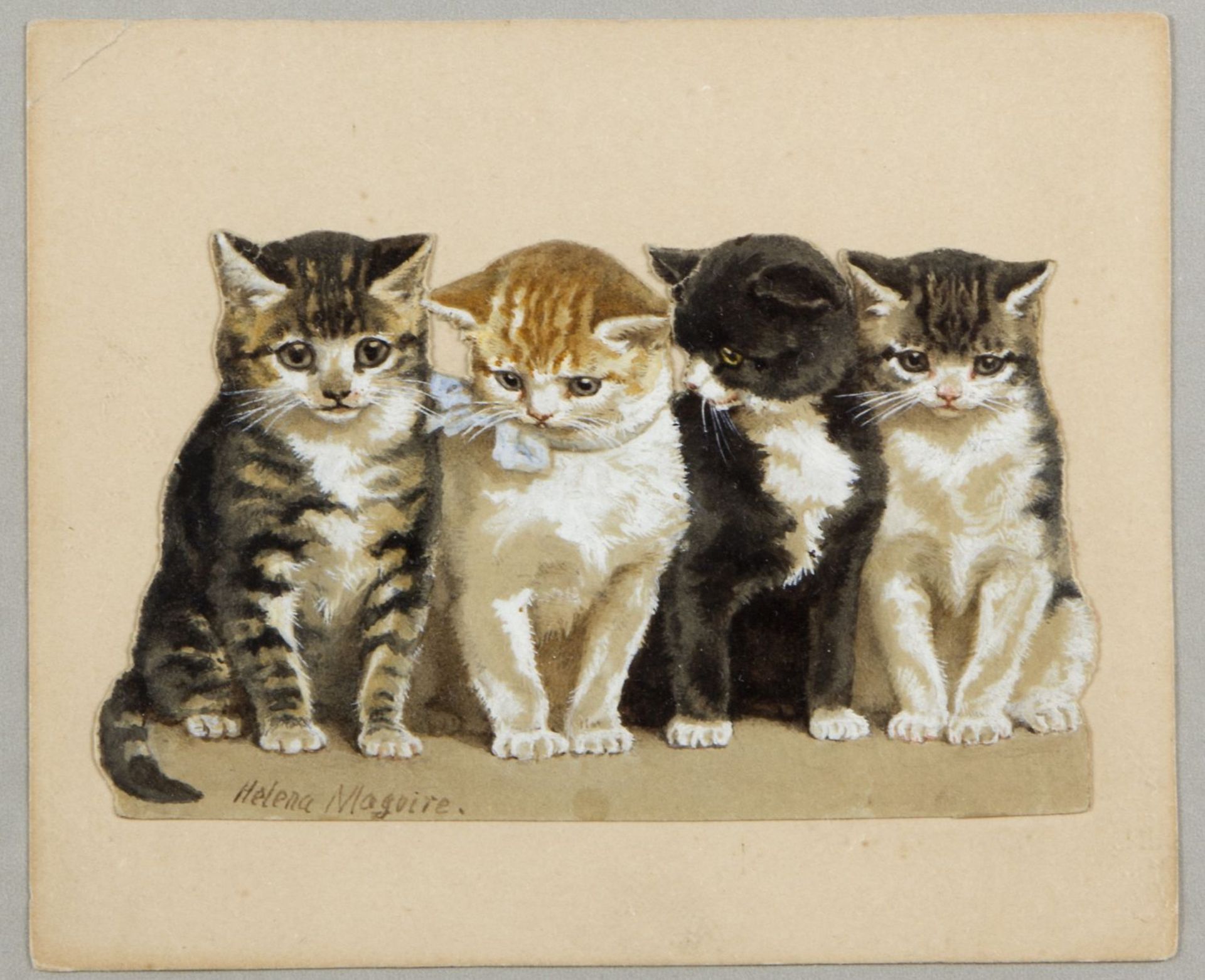 Maguire, Helena J. 1860 - 1909 Sitzende Kätzchen in einer Reihe. Spielende Katzen mit Reifen. 2 Gou - Image 4 of 4
