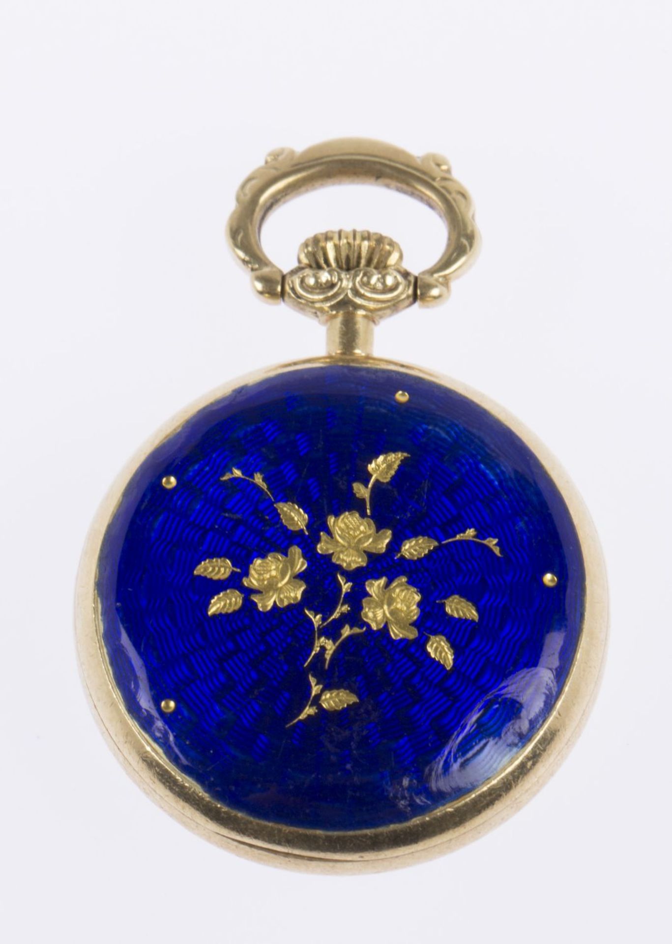 Damentaschenuhr an Kette Gehäuse aus Gelbgold 585. Kobaltblauer Emaildekor. Weißes Zifferblatt mit r - Image 2 of 3