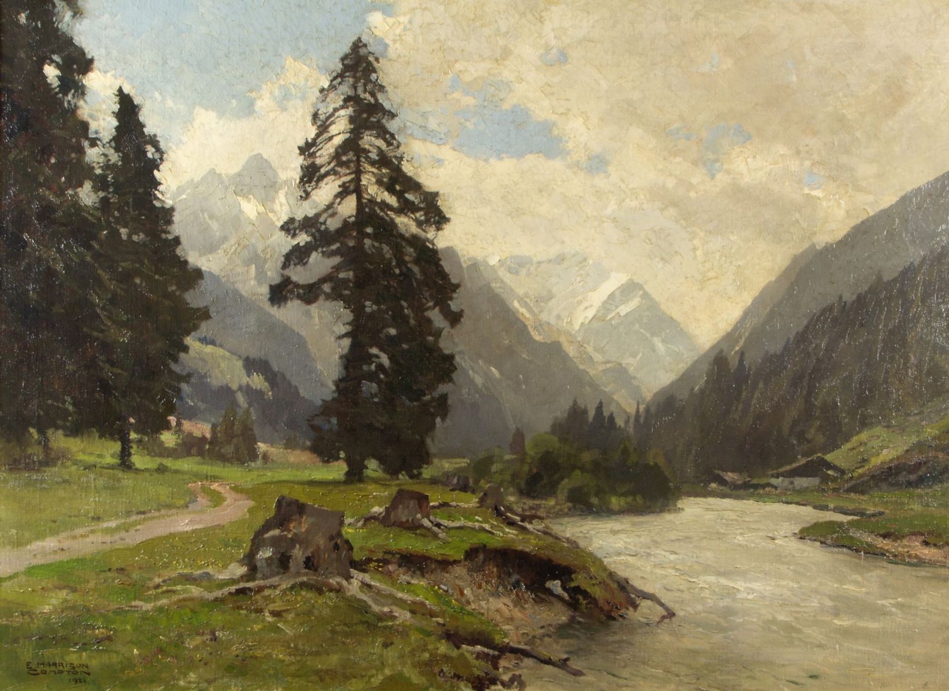 Compton, Edward Harrison. 1881 - Feldafing - 1960 Tannen an einem Fluss im Pitztal. Öl/Lwd. Sign. un