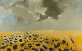 Van Hoof, Jef. 1928 - Brüssel 1986 Sonnenblumenfeld mit Gewitterwolken. Öl/Lwd. Sign. 81 x 129 cm. G