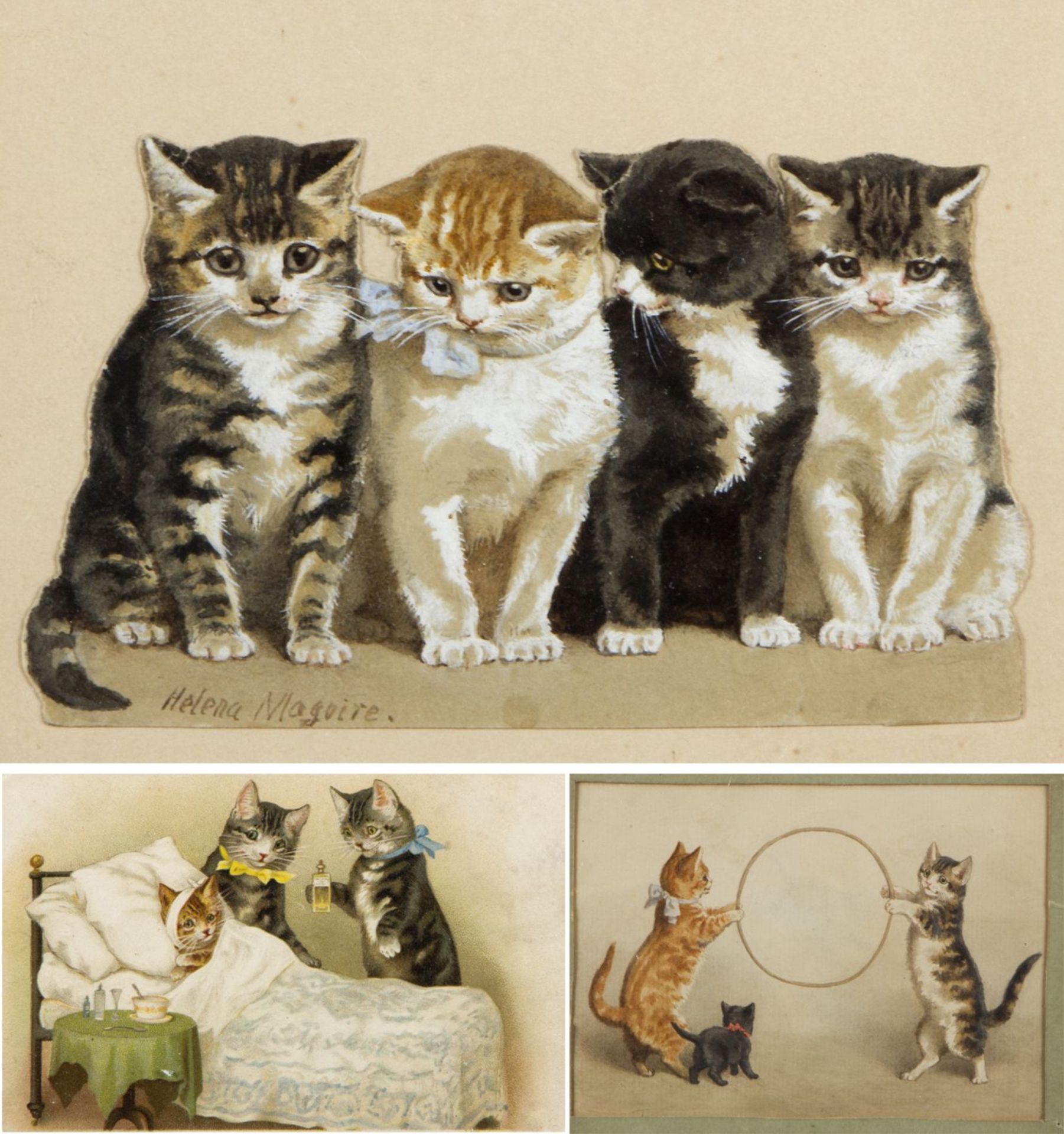Maguire, Helena J. 1860 - 1909 Sitzende Kätzchen in einer Reihe. Spielende Katzen mit Reifen. 2 Gou