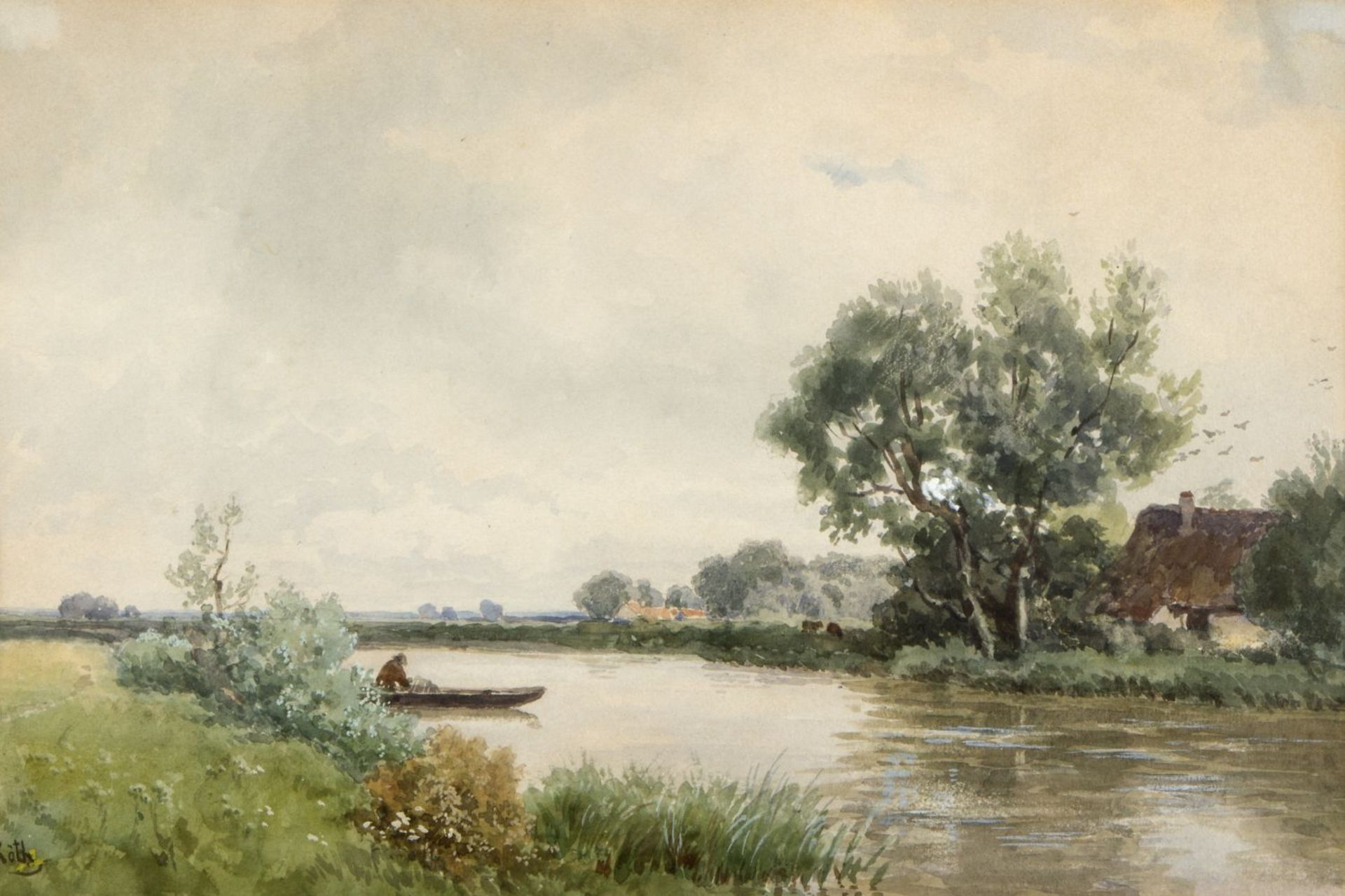 Röth, Philipp. 1841 Darmstadt - München 1921 Fischerkahn auf einem sommerlichen Fluss. Aquarell. Sig
