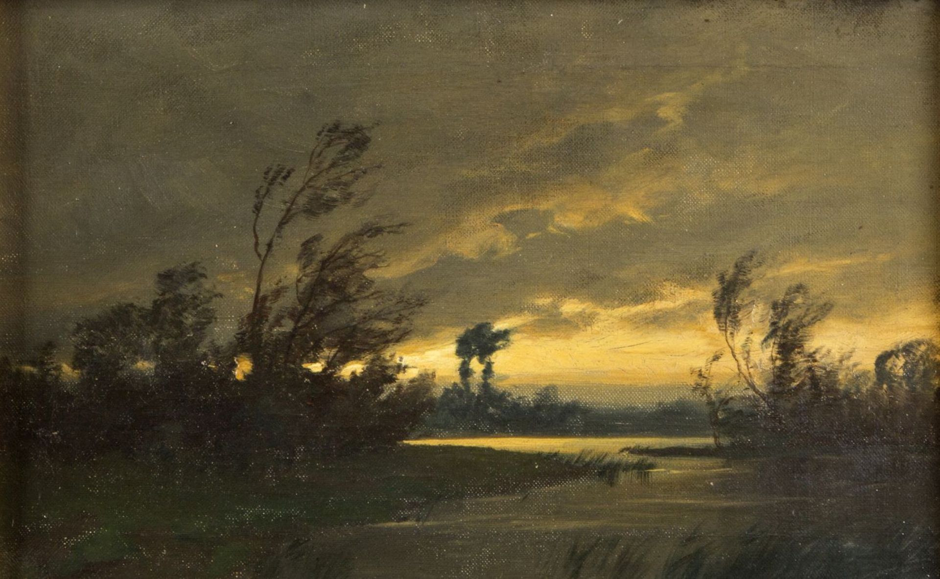 Deutsch, um 1900 Stürmische Flusslandschaft im Abendlicht. Öl/Lwd. 25 x 40 cm. Gerahmt. Verso von fr