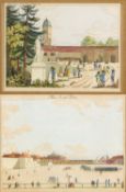 Deutsch, 19. Jh. Brunnhaus hinter dem Hofgarten. Max Josef Platz München. 2 kol. Lithographien. Bez.