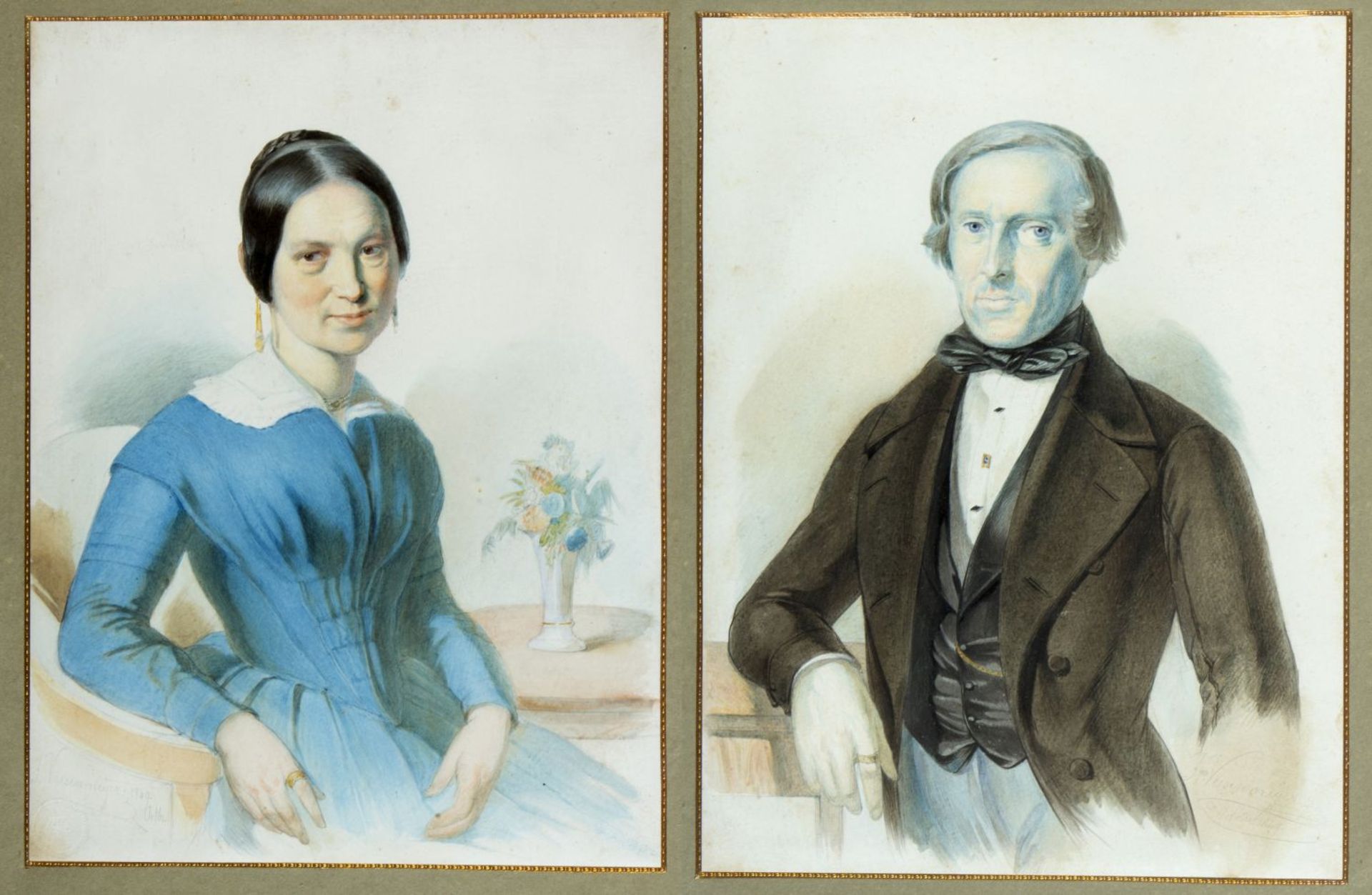 Veesenmeyer, J. Portraits eines Ehepaares. 2 Aquarelle über Bleistift. Sign. Bis 26,5 x 21 cm.