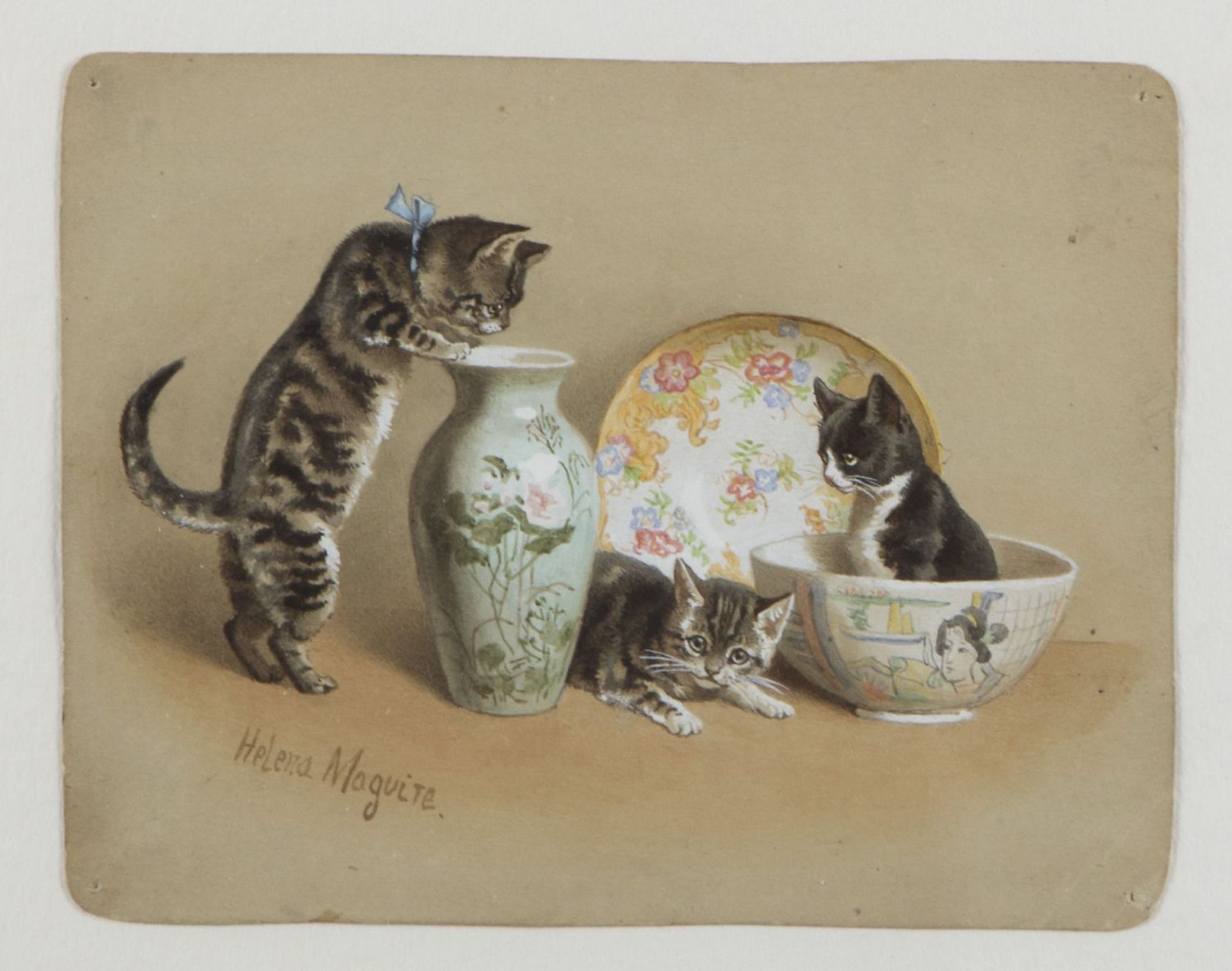 Maguire, Helena J. 1860 - 1909 Spielende Katzen mit Porzellan. Spielende Katzen in Eimern. 2 Gouach - Image 2 of 3