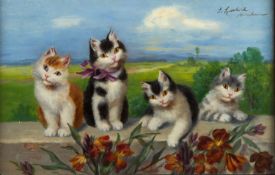 Sperlich, Sophie. Ca. 1880 Vier Katzen auf einer Mauer. Öl/Holz. Sign. und bez. 18 x 28 cm.