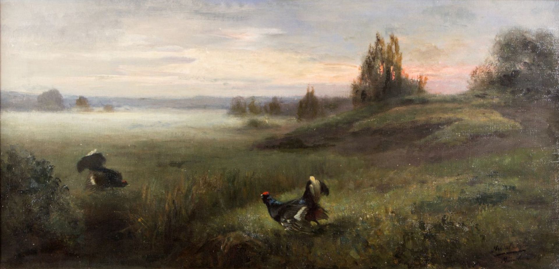 Weinberger, Anton. 1843 München - Taunusstein-Hahn 1912 Rebhühner auf einer Waldlichtung im Morgengr
