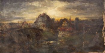 Eggena, Gustav. 1850 Marburg - München 1915 Stadt am Fluss mit einer Brücke. Öl/Lwd. Sign. 33 x 65 c