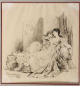 Schwenninger, Karl. 1854 - 1903 Zwei lesende junge Damen auf einer Couch. Tuschfederzeichn. Sign. 16