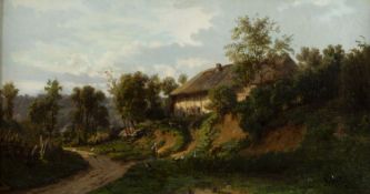 Schitz, Jean Nicolas. 1817 - 1871 Bauernhof in einer sommerlichen Landschaft. Öl/Lwd. Sign. 31 x 58,