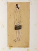 Dongen, C.v. Stehende Frau mit einem kleinen Koffer. Bleistiftzeichn., leicht kol. Bez. 23 x 5 cm. V