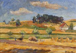 Schrader-Velgen, Carl Hans. 1876 Hannover -  1935 Sommerliche Landschaft mit Erntearbeitern. Öl/Kart