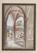 Scharold, Carl. 1811 - Würzburg - 1865 Blick aus einer Kirche über einen Platz auf eine Burg. Gouach