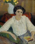 Muencke, Eduard. 1875 - 1954 Portrait einer Dame mit Buch. Öl/Lwd. Sign. und dat. 1911. 93 x 72 cm. 