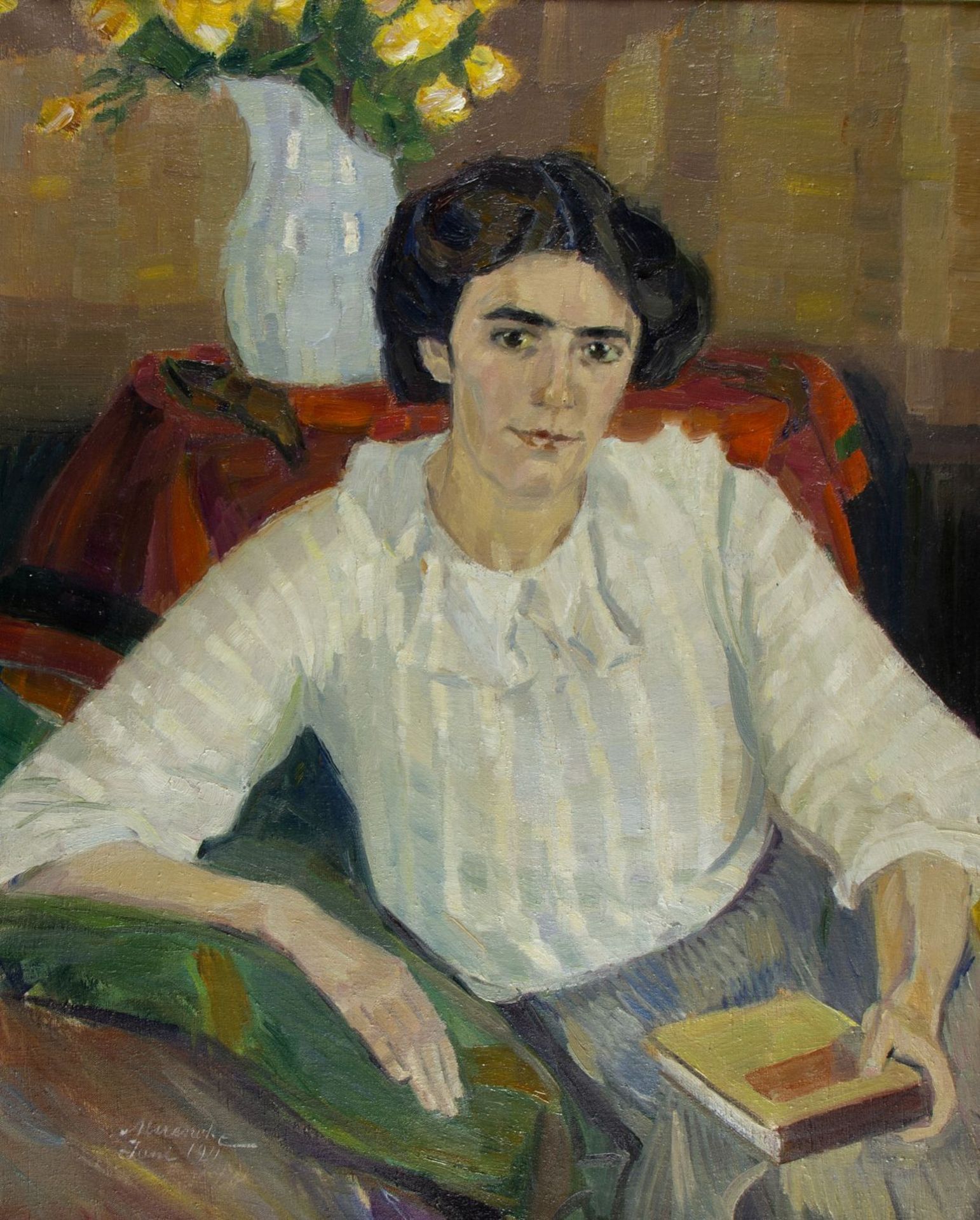 Muencke, Eduard. 1875 - 1954 Portrait einer Dame mit Buch. Öl/Lwd. Sign. und dat. 1911. 93 x 72 cm.