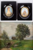 Graef, Georg u.a. Sommerliche Landschaft. Portraits. 1 Öl/Lwd. 2 Miniaturen. Bis 24,5 x 30 cm. Gerah