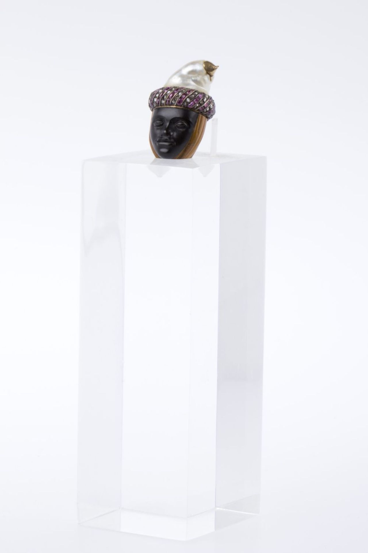 Flacon in Form eines Kopfes Obsidian, fein geschnitten. Hinterkopf aus braunem Achat. Barockperle al - Bild 3 aus 9