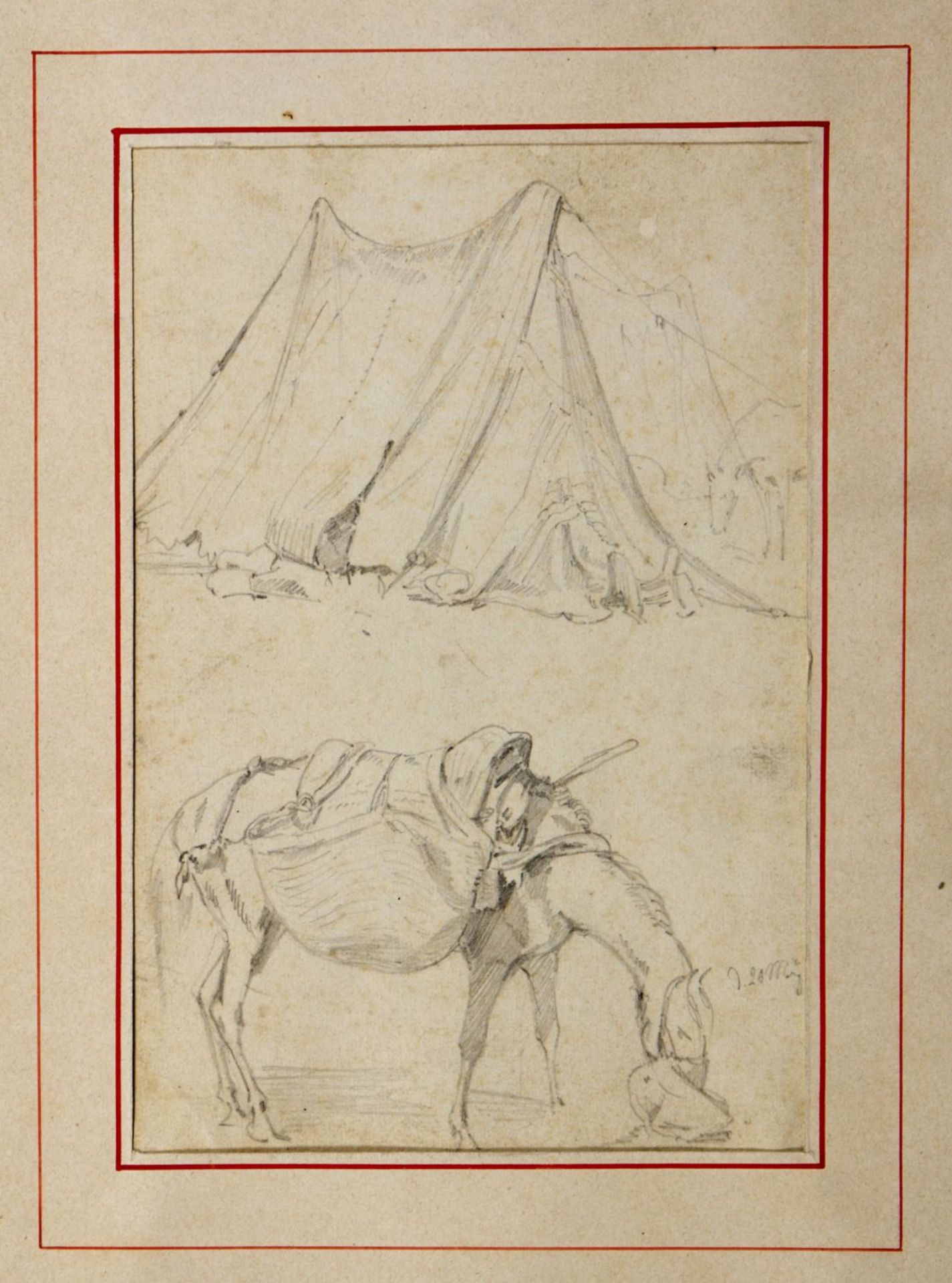 Horschelt u.a. Packpferd und Zelt. An einem Baum stehender Mann. 2 Bleistiftzeichn. Bis 15 x 10,5 cm - Bild 2 aus 3