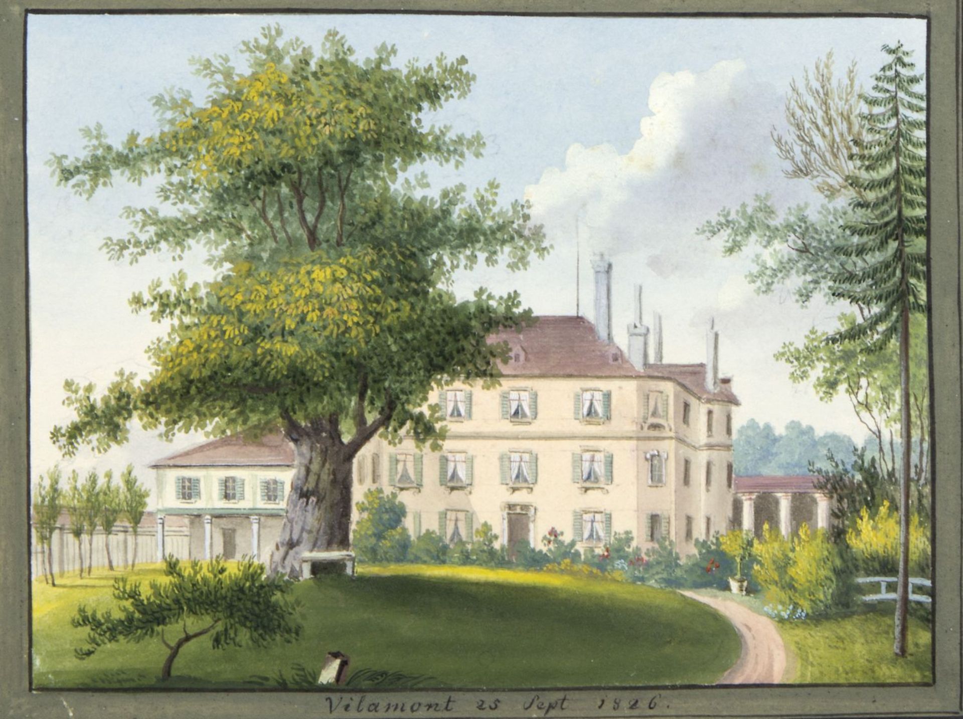 Unbekannt, 19. Jh. Schlossansicht. Gouache. Bez. und dat. Vilamont. 25 Sept. 1826. 10,5 x 13 cm. An 