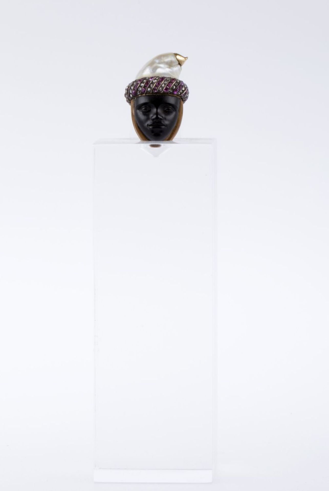 Flacon in Form eines Kopfes Obsidian, fein geschnitten. Hinterkopf aus braunem Achat. Barockperle al - Bild 2 aus 9