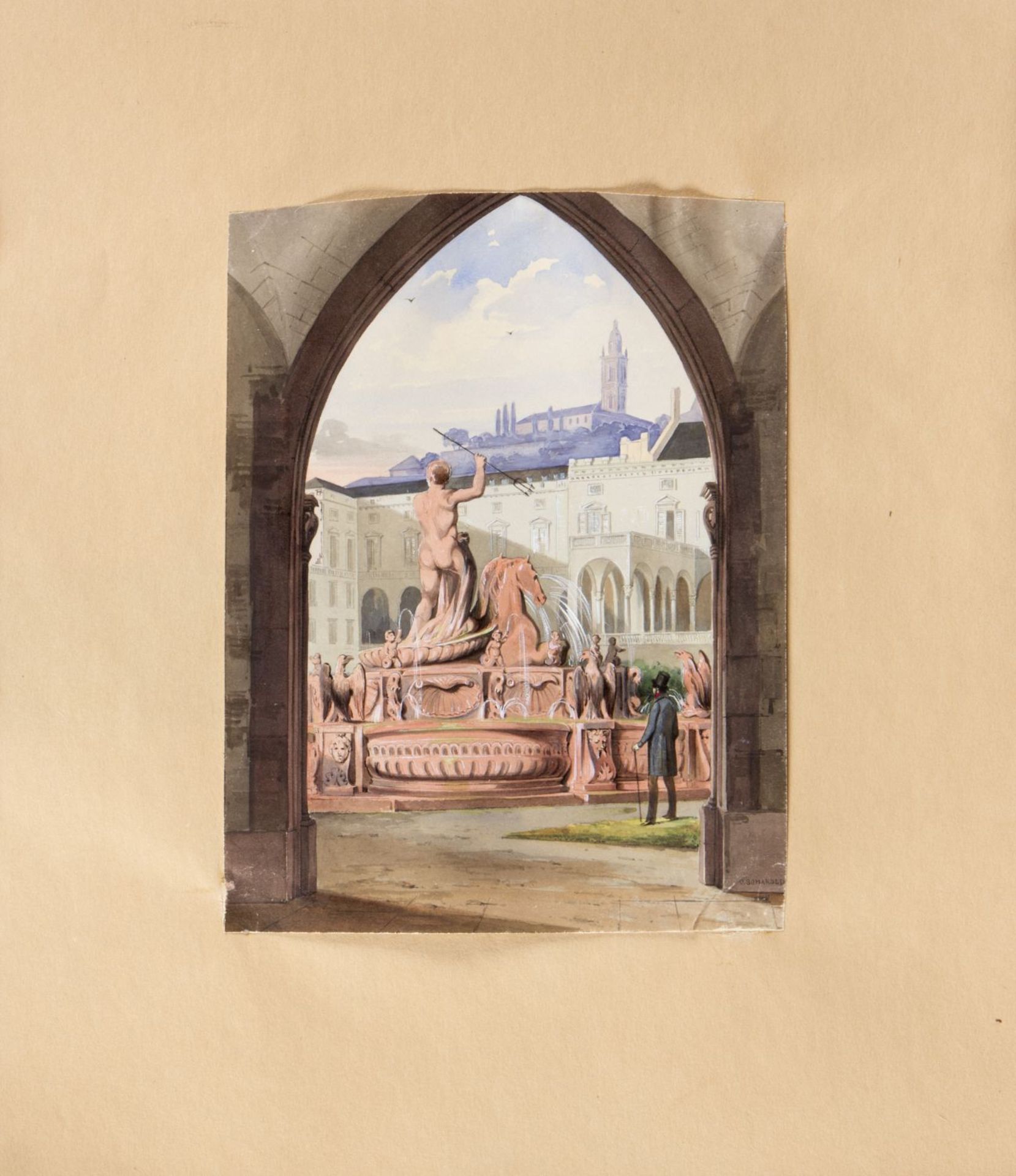 Scharold, Carl. 1811 - Würzburg - 1865 Brunnen in einer südlichen Stadt. Gouache. Sign. 21 x 16 cm.