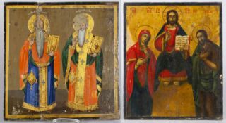 Zwei Ikonen Christus mit Maria und Johannes. Kirchenväter. Tempera auf Holz. Osteuropa, um 1900. Bis