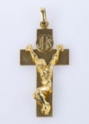 Kreuzanhänger Gelbgold 750. Christuskorpus. Dreinageltypus. H. 4,5 cm. Ca. 15 g.