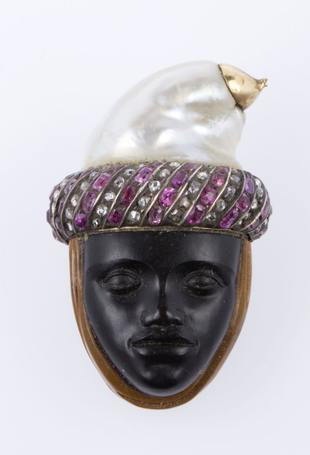 Flacon in Form eines Kopfes Obsidian, fein geschnitten. Hinterkopf aus braunem Achat. Barockperle al