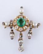 Feine Smaragd-Diamant-Perl-Brosche Roségold 585 (geprüft). Mittelstück ausgefasst mit ovalem Smaragd