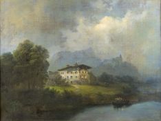 Barbarini, Franz. 1804 Znaim - Wien 1873 Bauerngehöft vor einer Burg und einem Gebirge. Öl/Lwd., dou