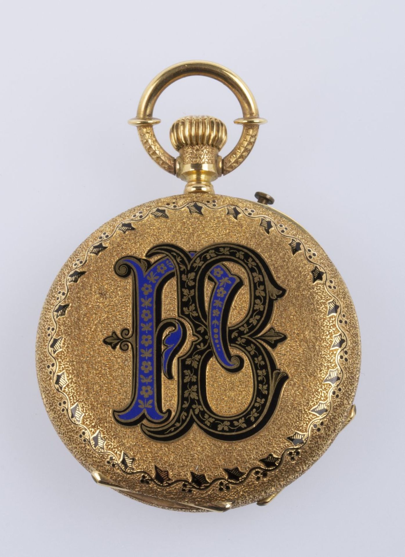 Damentaschenuhr Gehäuse und Zwischendeckel aus Gelbgold 750. Monogramm mit Emaildekor. Vergoldetes B - Image 2 of 2