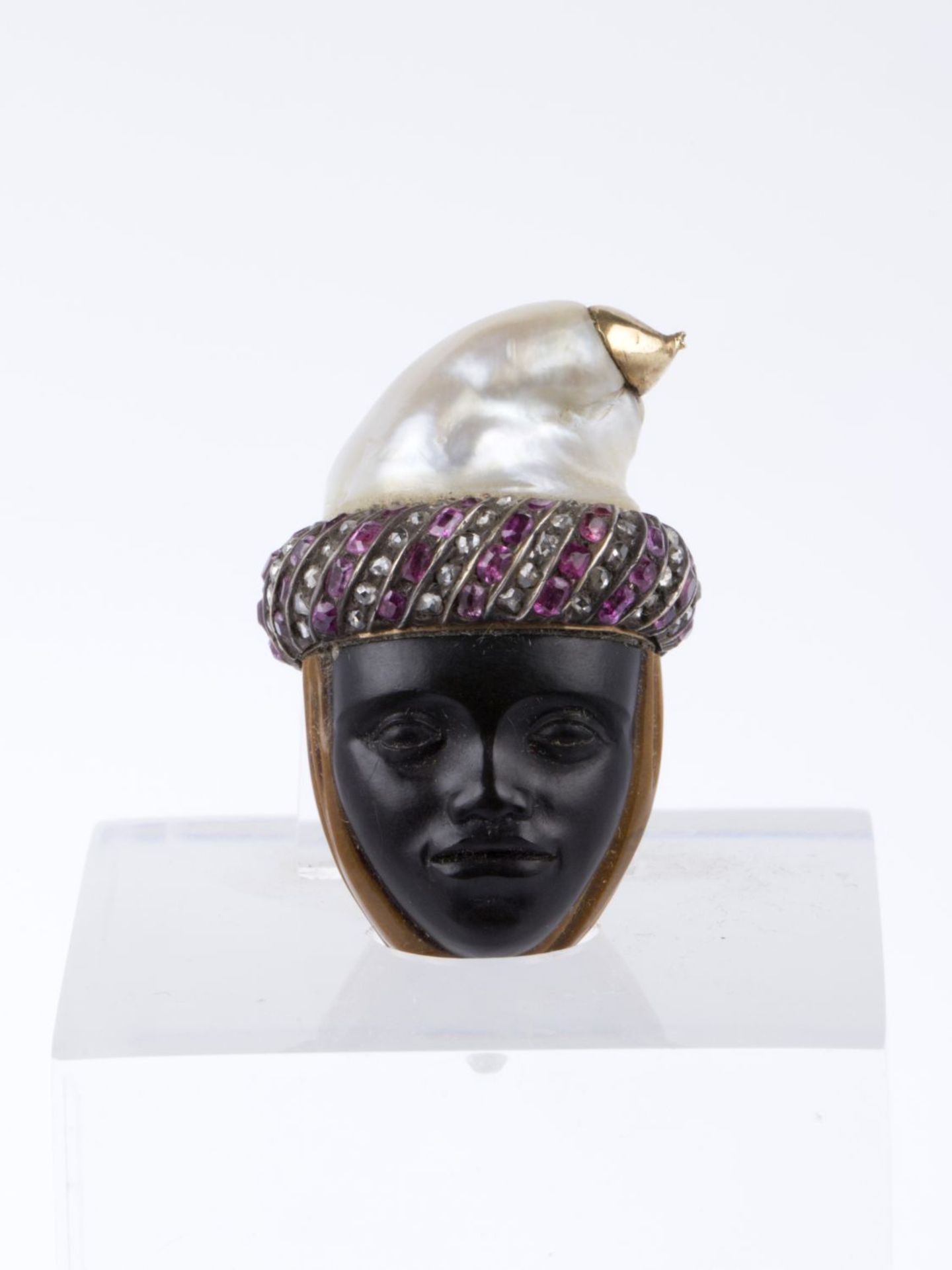 Flacon in Form eines Kopfes Obsidian, fein geschnitten. Hinterkopf aus braunem Achat. Barockperle al - Bild 5 aus 9