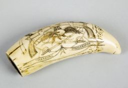 Scrimshaw Pottwahlzahn. Gravurdekor mit Darstellung des Mississippi-Dampfers Vicksburg. L. 18 cm.