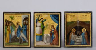 Drei Ikonen Maria Verkündigung. Christi Geburt. Einzug in Jerusalem. Tempera auf Holz und Goldgrund.