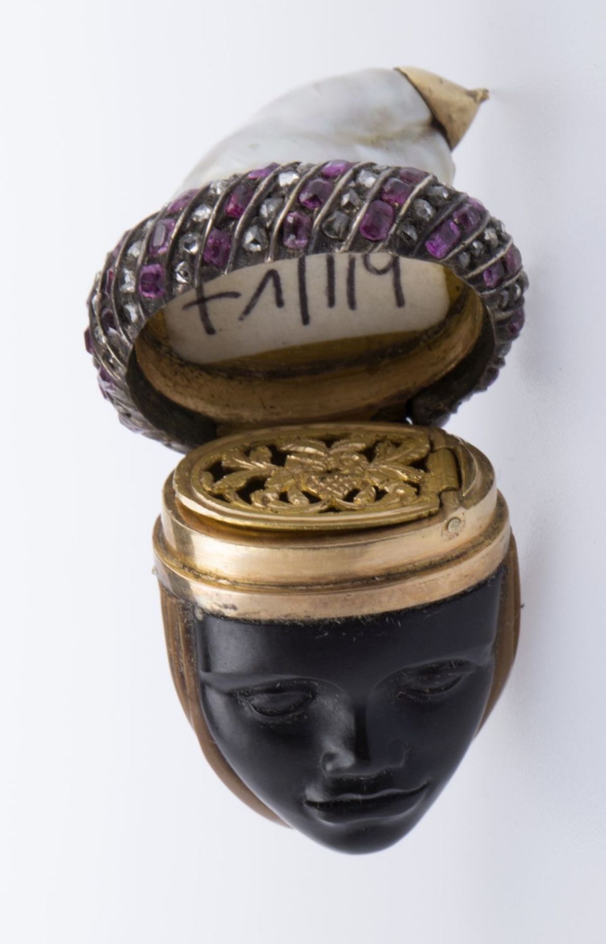Flacon in Form eines Kopfes Obsidian, fein geschnitten. Hinterkopf aus braunem Achat. Barockperle al - Bild 7 aus 9
