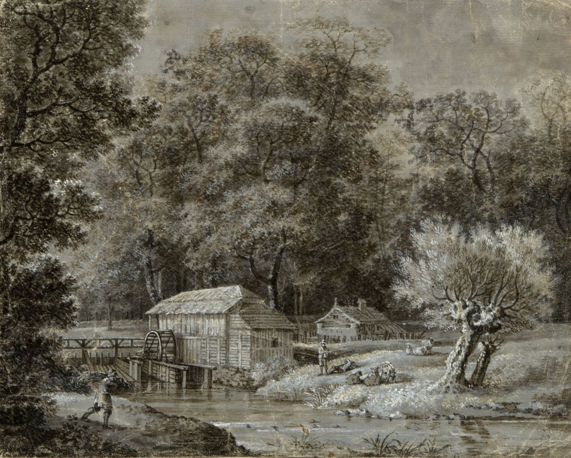 Dillis, Johann Georg von. 1759 - München - 1841. Zugeschrieben Wassermühle. Tuschpinselzeichn., weiß