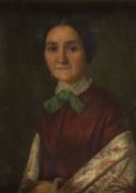 Deutsch, 19. Jh. Brustbild einer Dame in einem roten Kleid und mit einer grünen Schleife. Öl/Lwd. 25