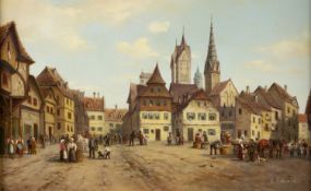 Scharl, Lorenz. 1911 - München - 1995 Altstadt mit einem Marktplatz. Öl/Lwd. Sign. 25,5 x 40,5 cm. G