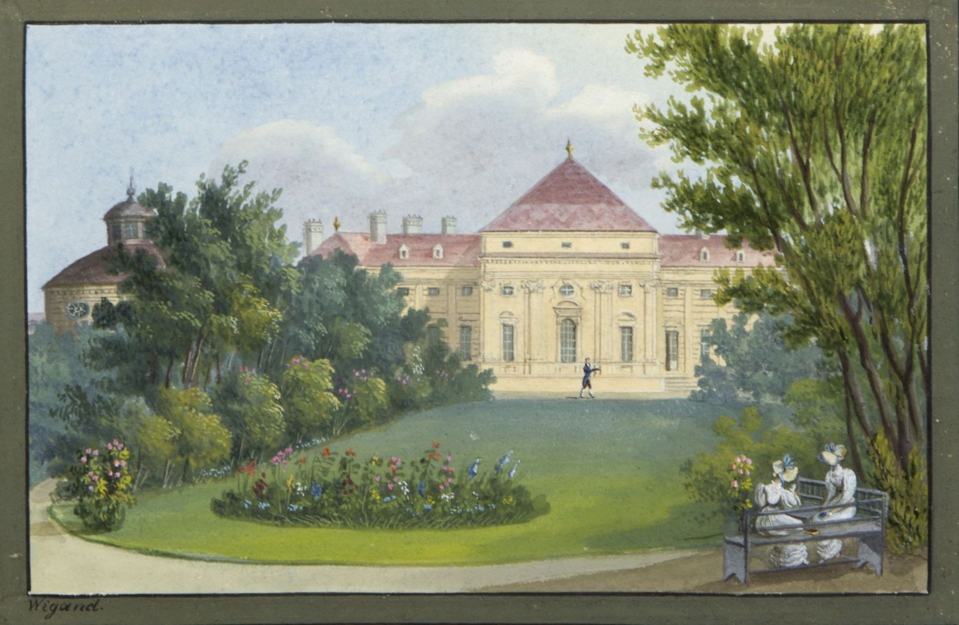 Wigand, Balthasar. 1771 Wien - Felixdorf 1846 Schloss in einem sommerlichen Park. Gouache. Sign. 11,