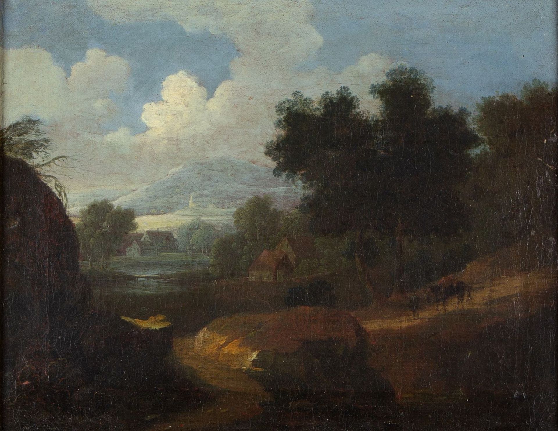 Niederlande, 18. Jh. Bergige Landschaft mit einem Fluss und Häusern. Öl/Lwd. 28,5 x 36,5 cm. Gerahmt